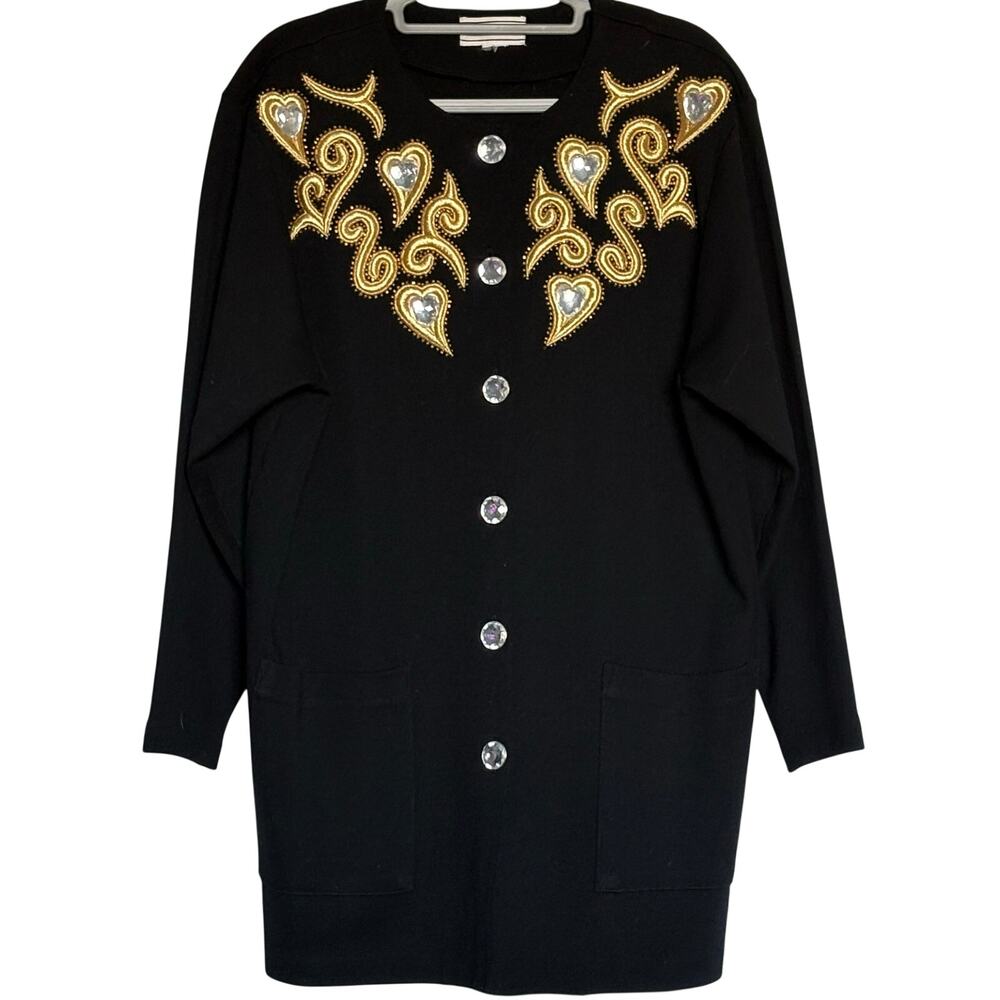 August Max Woman Vintage Y2K Black Gold Embellished Cardigan Jacket Hearts XL/1X